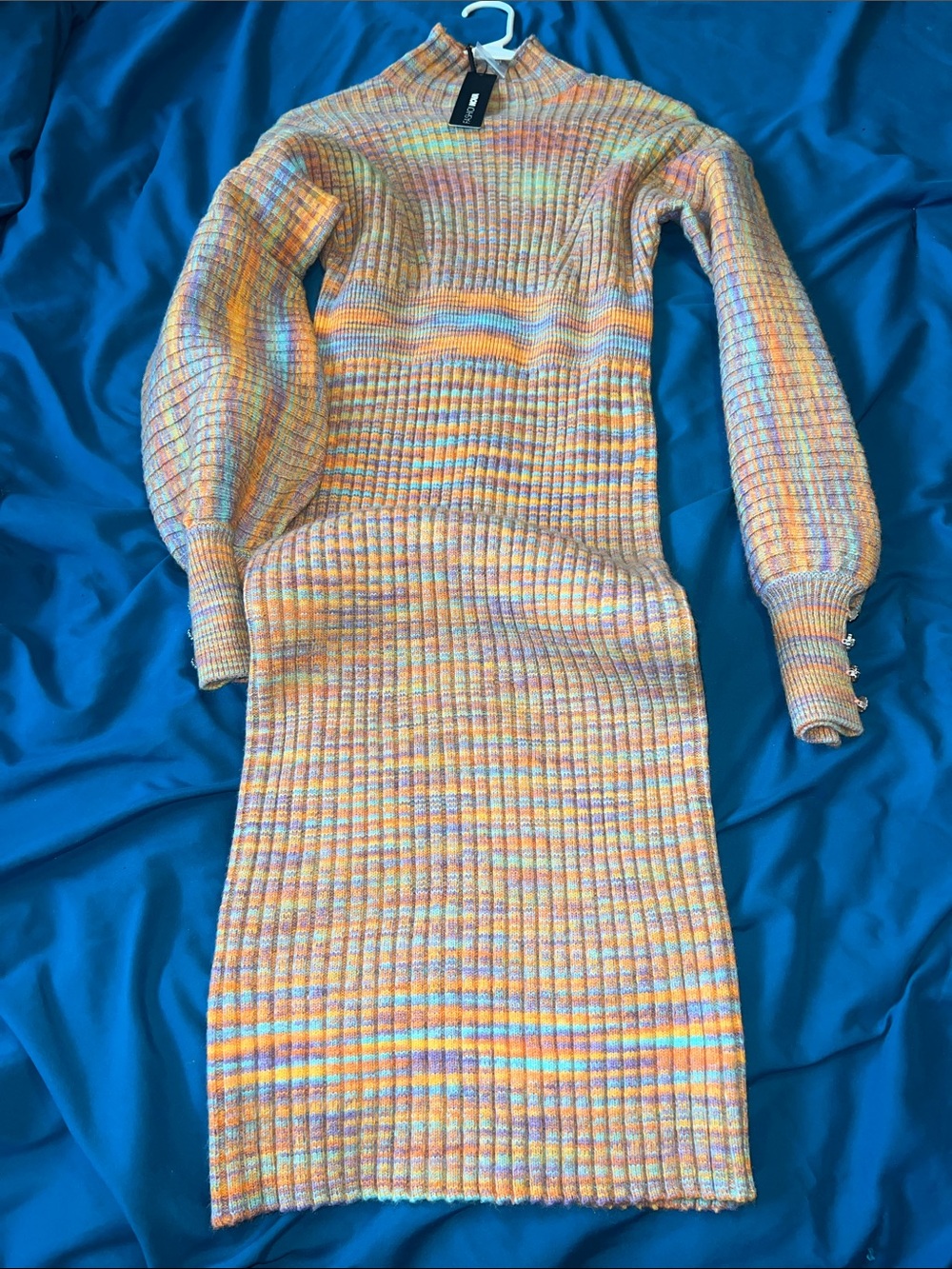 Striped Ribbed Midi Sweater Dress with Balloon Sleeves - Picture 5 of 9